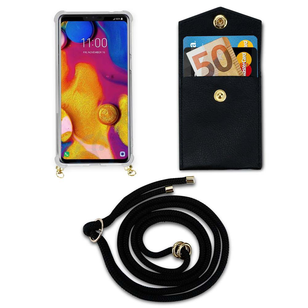 Smartphone mit Hülle, Geldbörse mit 50-Euro-Schein und Karten, schwarze Kordel.