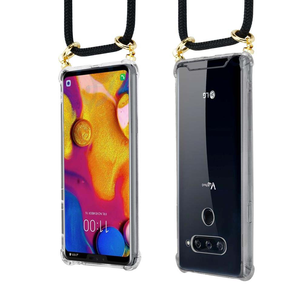Ein durchsichtiger Handykoffer mit einem schwarzen Band und goldenen Beschlägen.