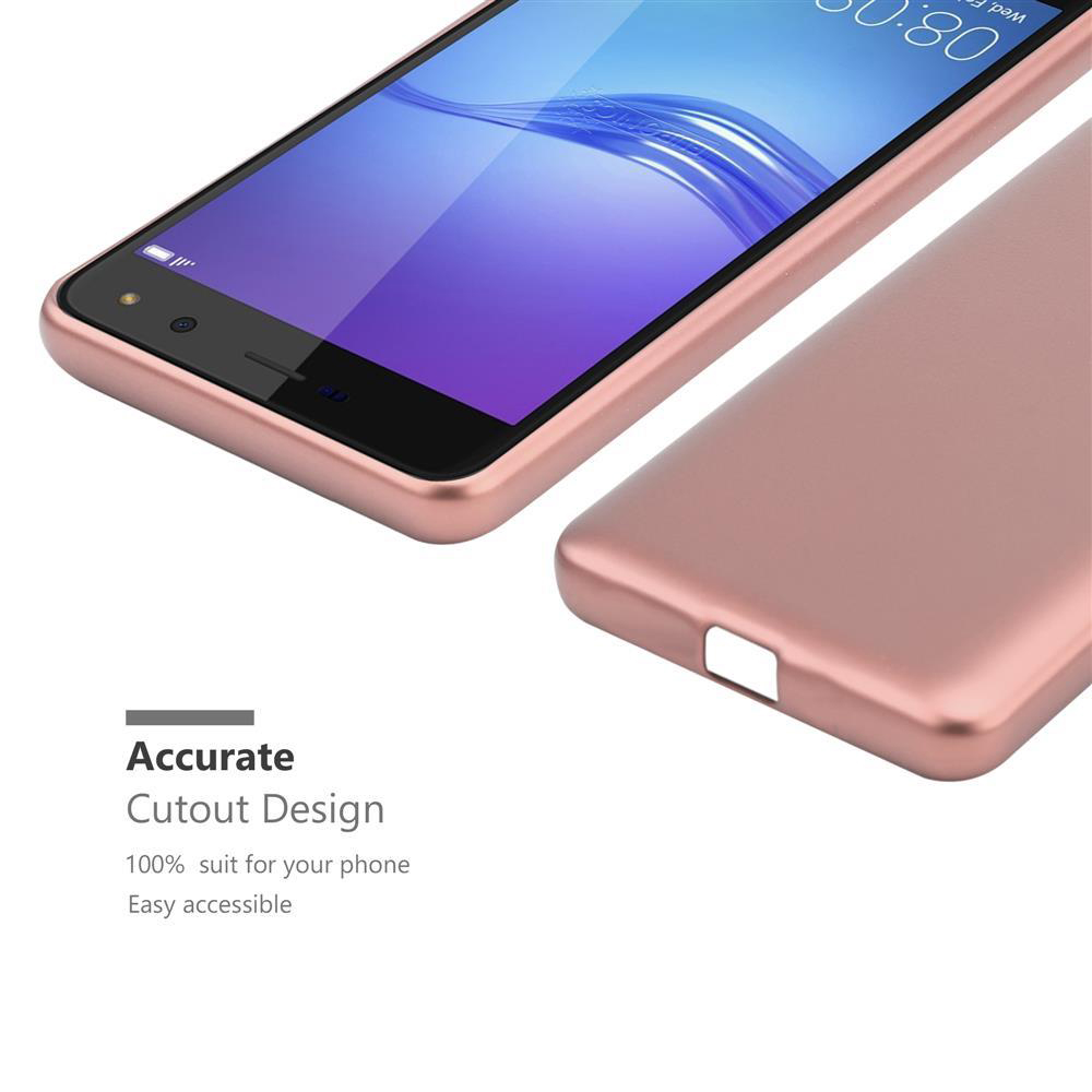 Ein roségoldenes Handy mit Hülle, das eine präzise Ausschnittgestaltung aufweist.