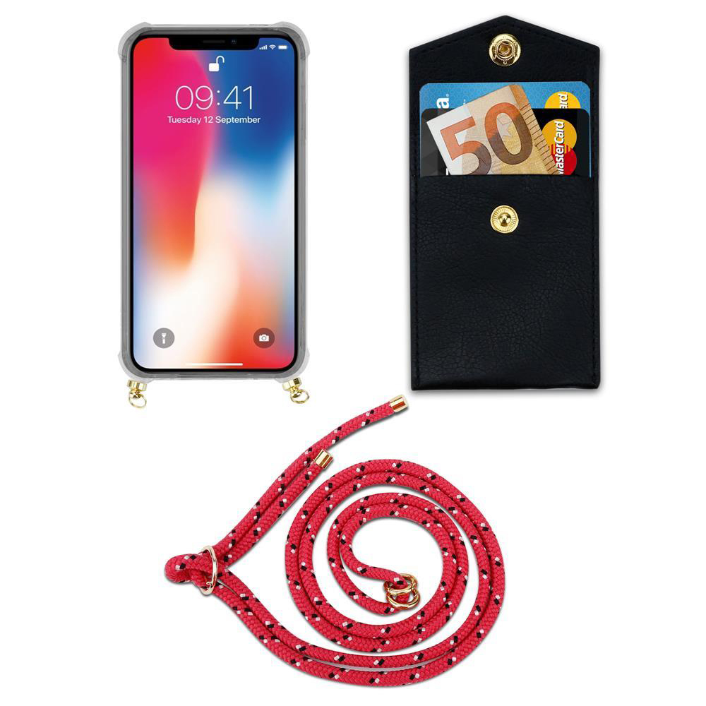 iPhone con portafoglio nero, banconota da 50 euro e cordino rosso.