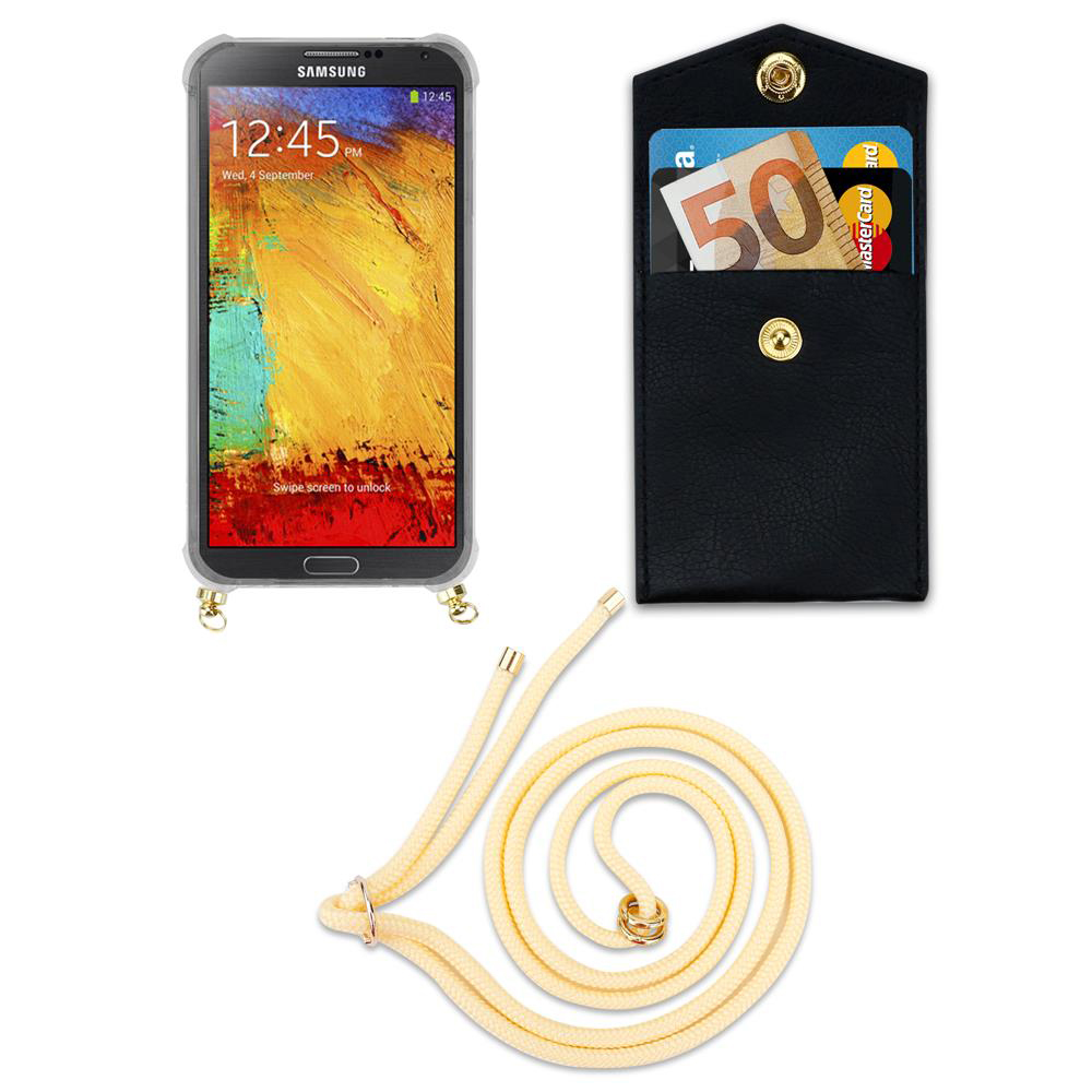 Uno smartphone in custodia, un portafoglio nero con carte e contanti, e un laccio.