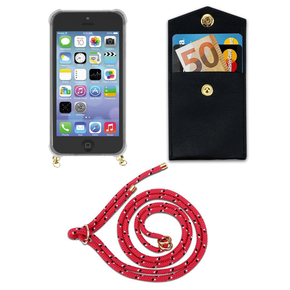 Uno smartphone, un portafoglio nero con carte e denaro e una corda rossa.