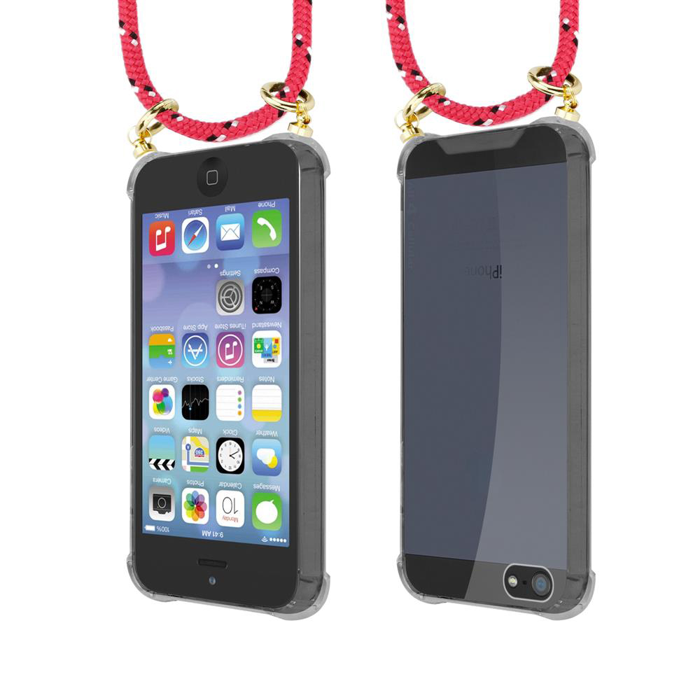 Due iPhone in custodie trasparenti con cordini rossi, uno con schermo aperto, l'altro chiuso.