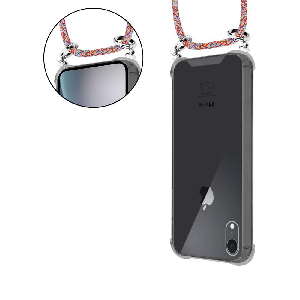Ein durchsichtiges iPhone-Gehäuse mit buntem Lanyard. Nahaufnahme oben.