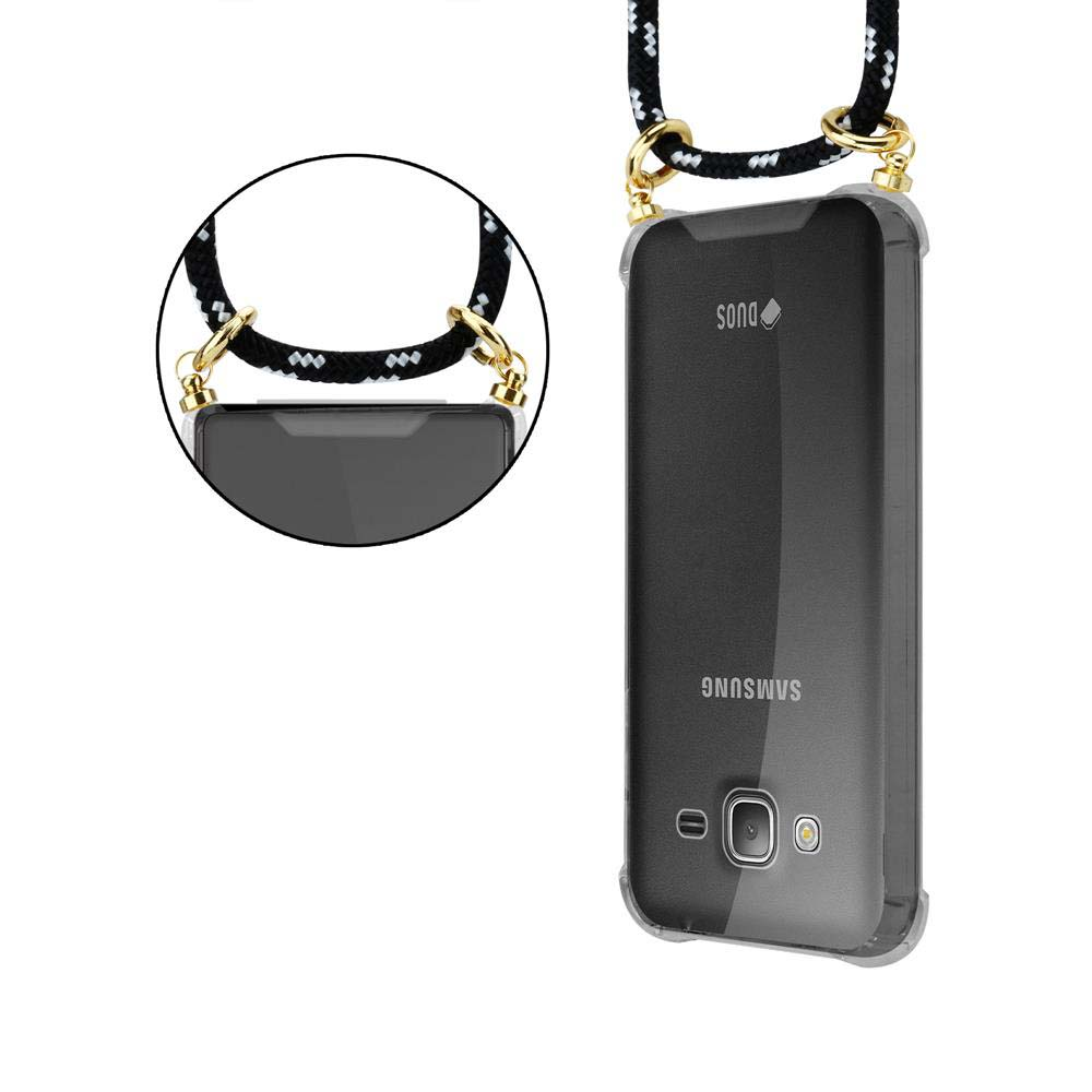 Un telefono Samsung nero con laccetto, inserito in una cover trasparente.