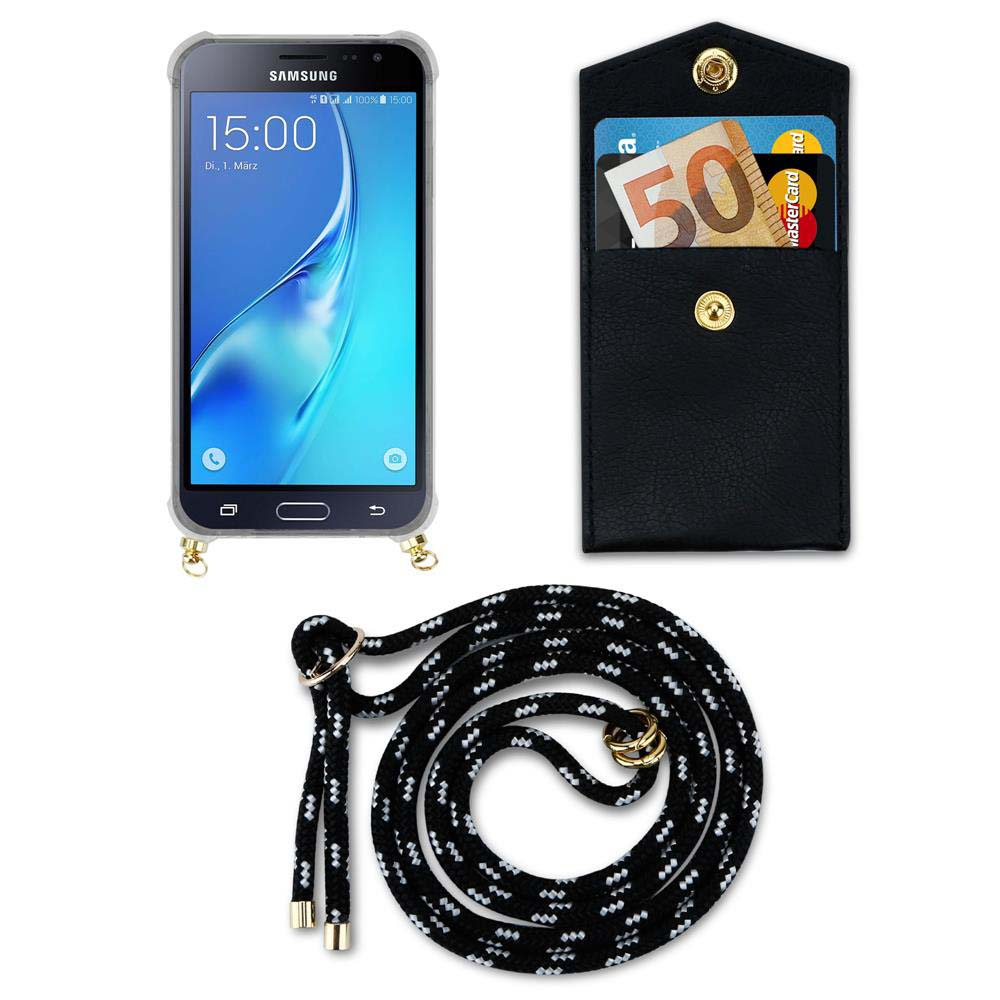 Uno smartphone in custodia, un portafoglio nero con carte e denaro, e un cordino.