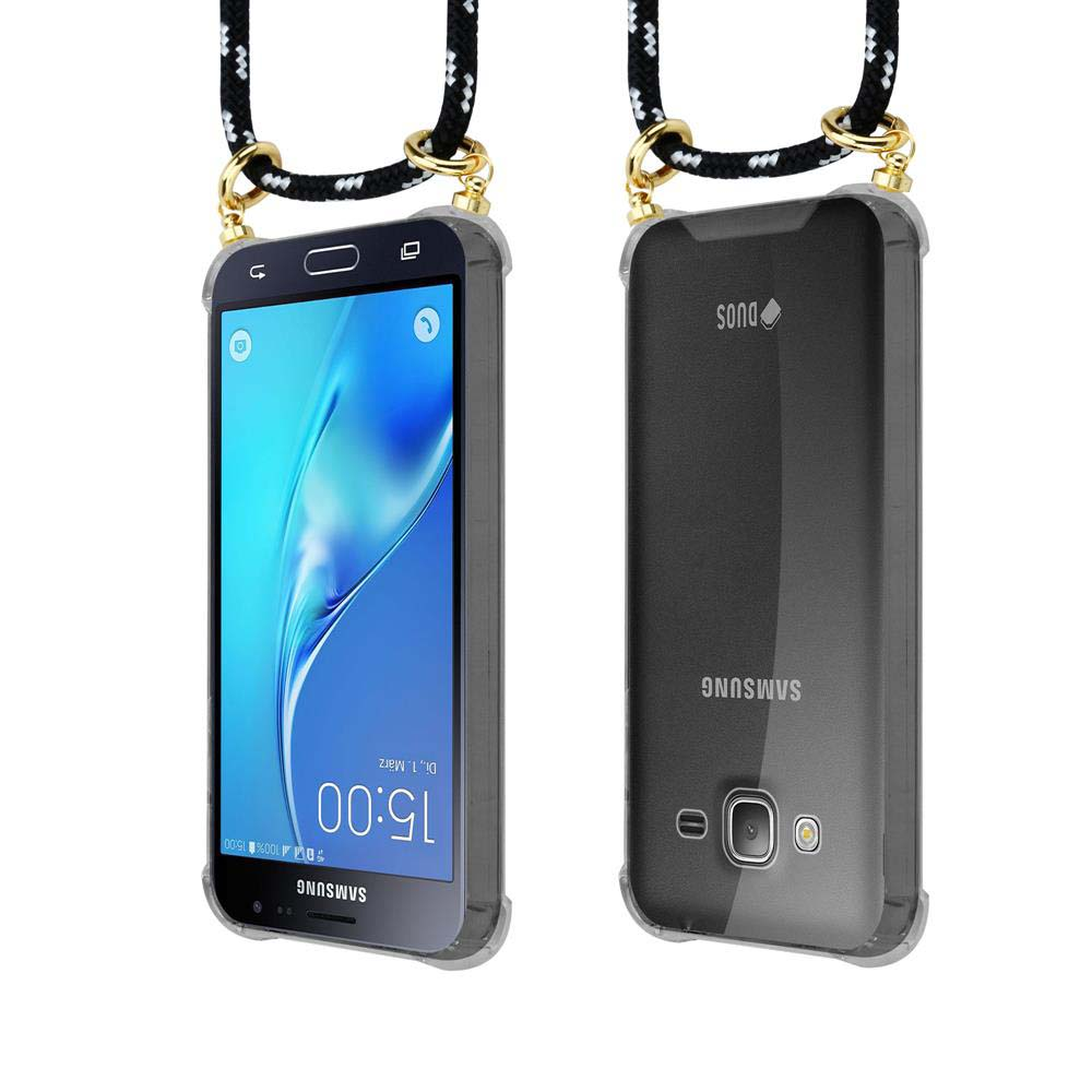 Due smartphone Samsung con cordini, vista frontale e posteriore.