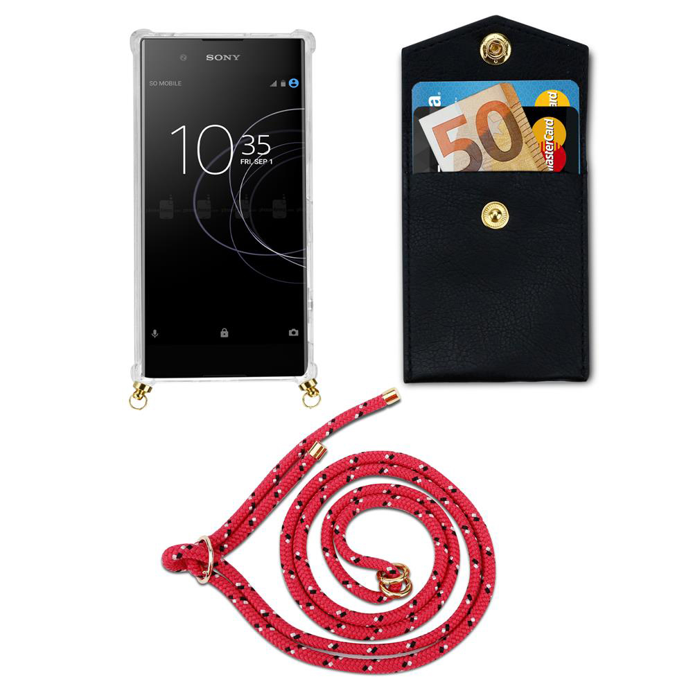 Ein Smartphone mit einer Hülle, einer Geldbörse mit Geld und Karten sowie einem roten Lanyard.