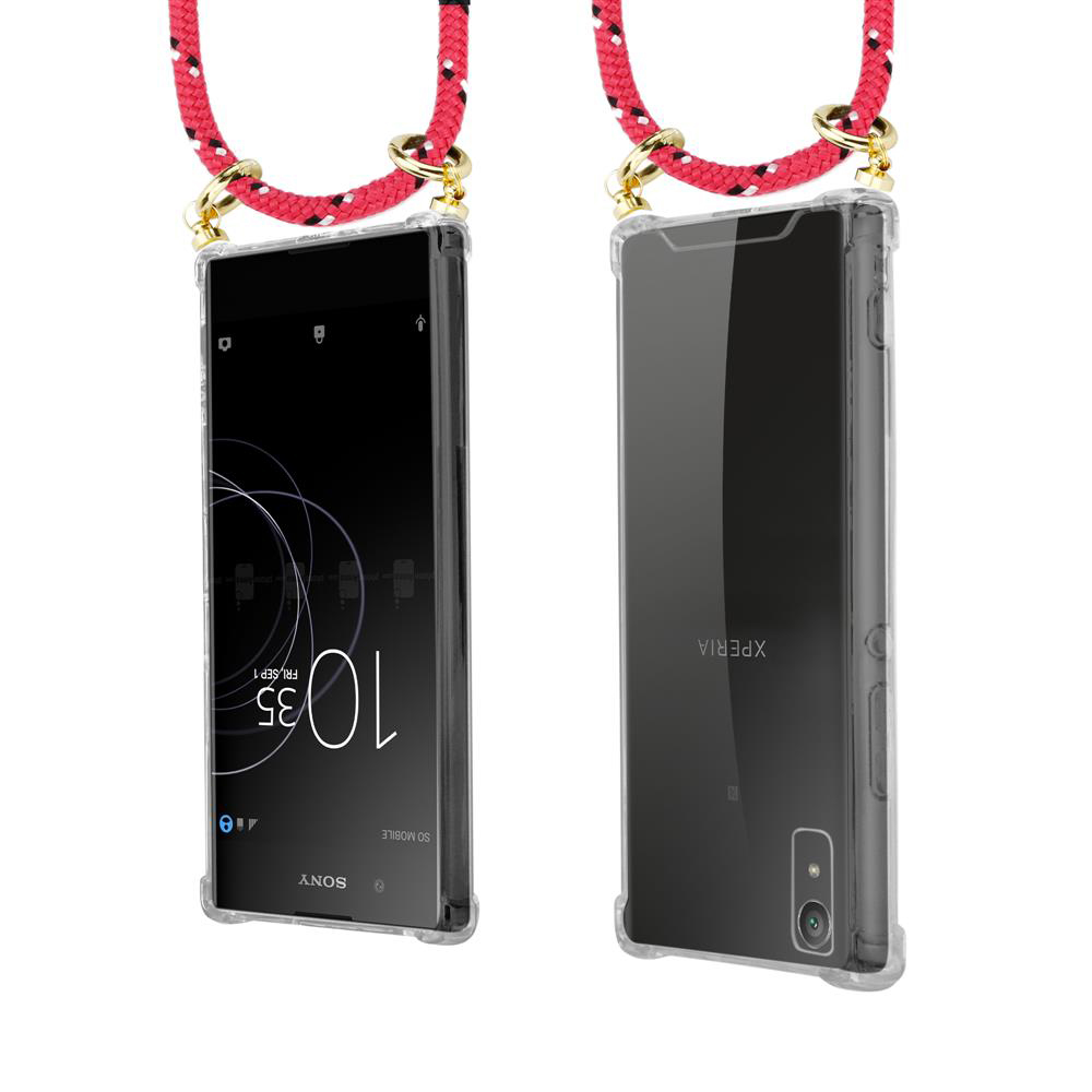 Zwei Sony Xperia Handys in durchsichtigen Hüllen mit roten Tragegurten. Frontansicht zeigt 10:35.