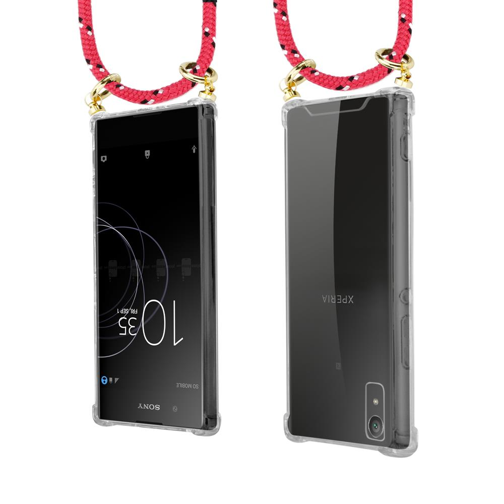 Ein Smartphone in einer Hülle mit rotem Band, Vorder- und Rückansicht.
