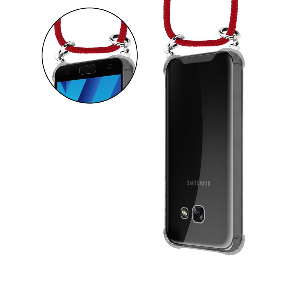Ein durchsichtiger Handyschutz mit rotem Band, der an einem Smartphone befestigt ist.