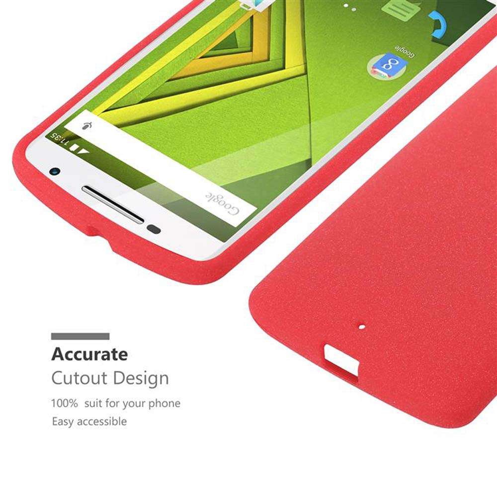 Uno smartphone rosso con schermo acceso, accanto a una custodia rossa per telefono.