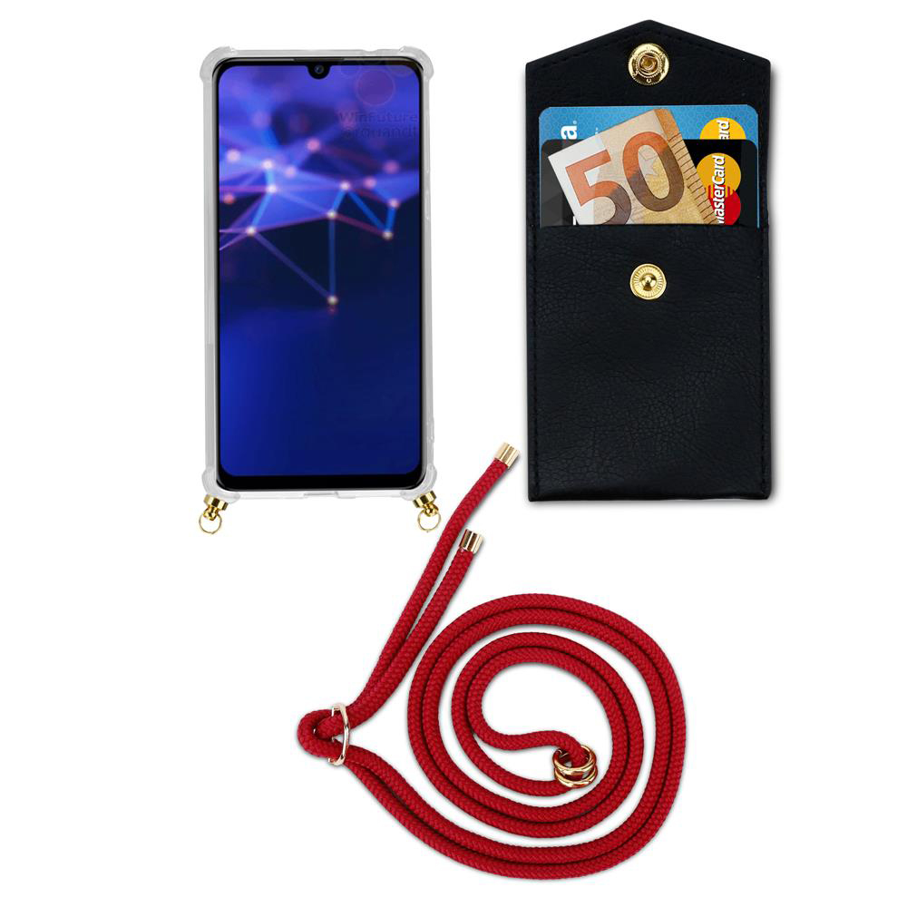 Smartphone in custodia, tasca nera con soldi e carte, cordino rosso.