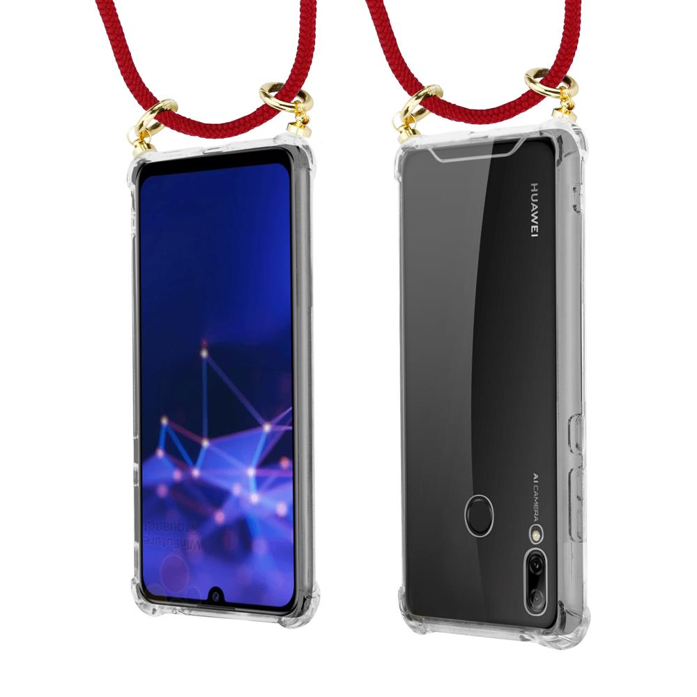 Due custodie trasparenti per telefono con cordini rossi e ferramenta dorata.