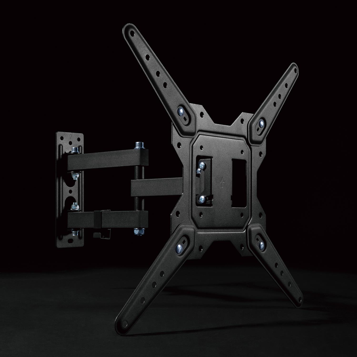 Soporte de pared negro para TV con brazos ajustables y placa VESA, sobre fondo oscuro.