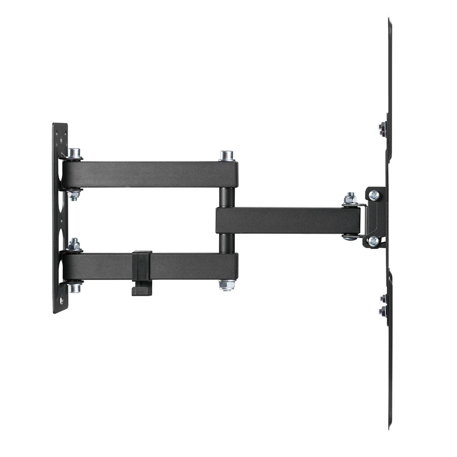 Un soporte de pared para TV negro, articulado y de doble brazo, con placa.