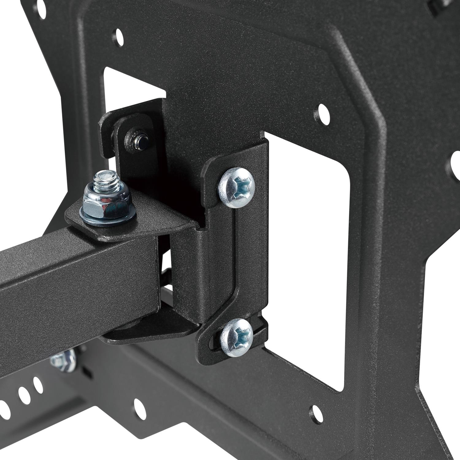 Primer plano de un soporte de pared para TV negro con tornillos y piezas metálicas.