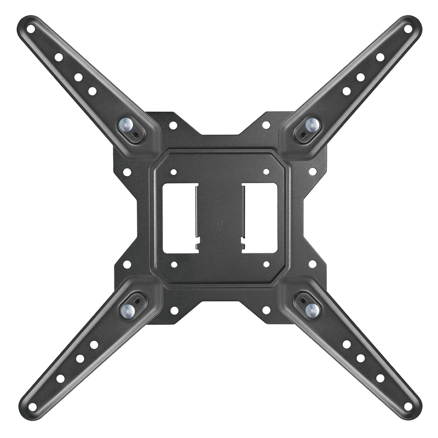 Un soporte de pared para TV oscuro con cuatro brazos ajustables sujetos con remaches.