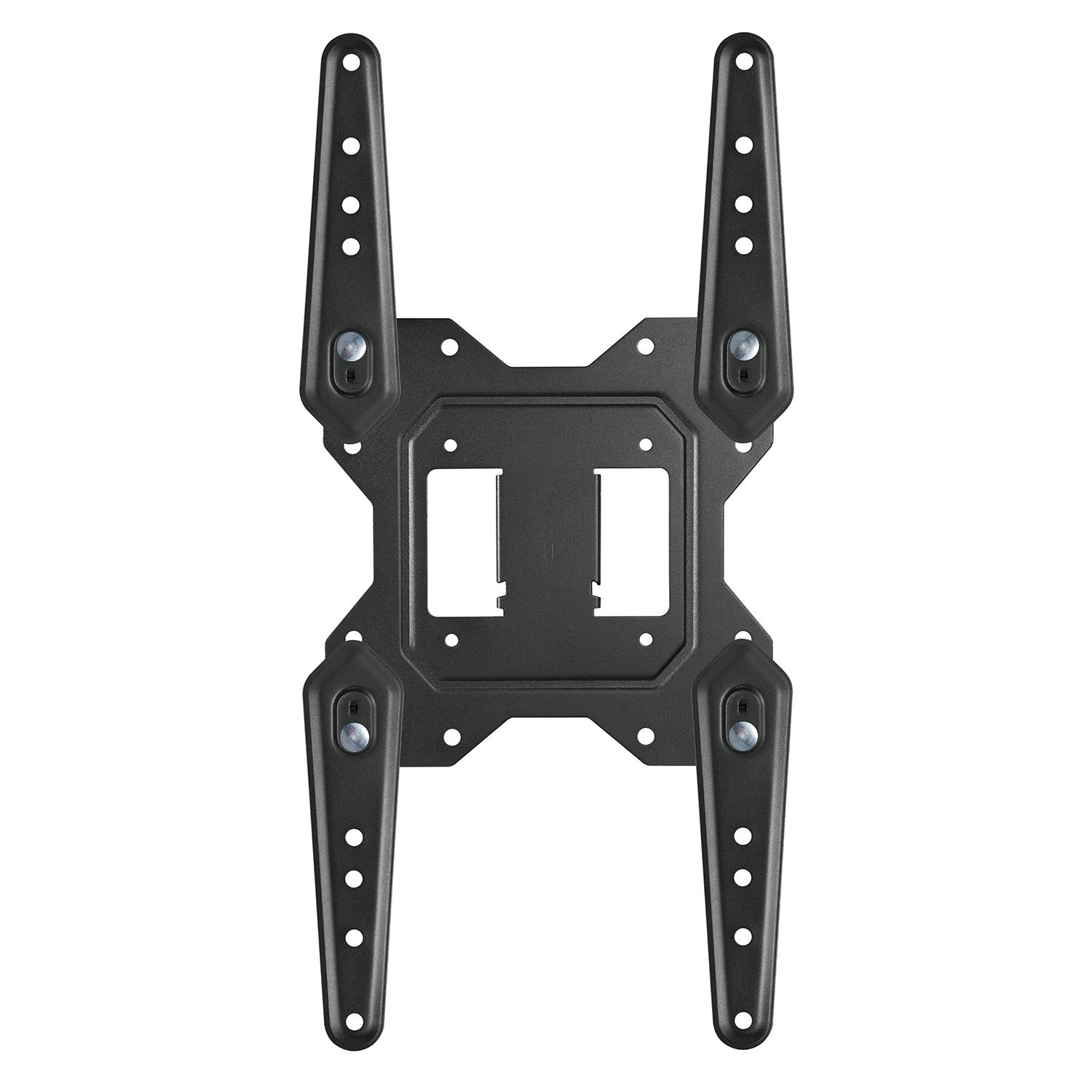 Soporte de pared negro con brazos ajustables y orificios, sobre fondo blanco.