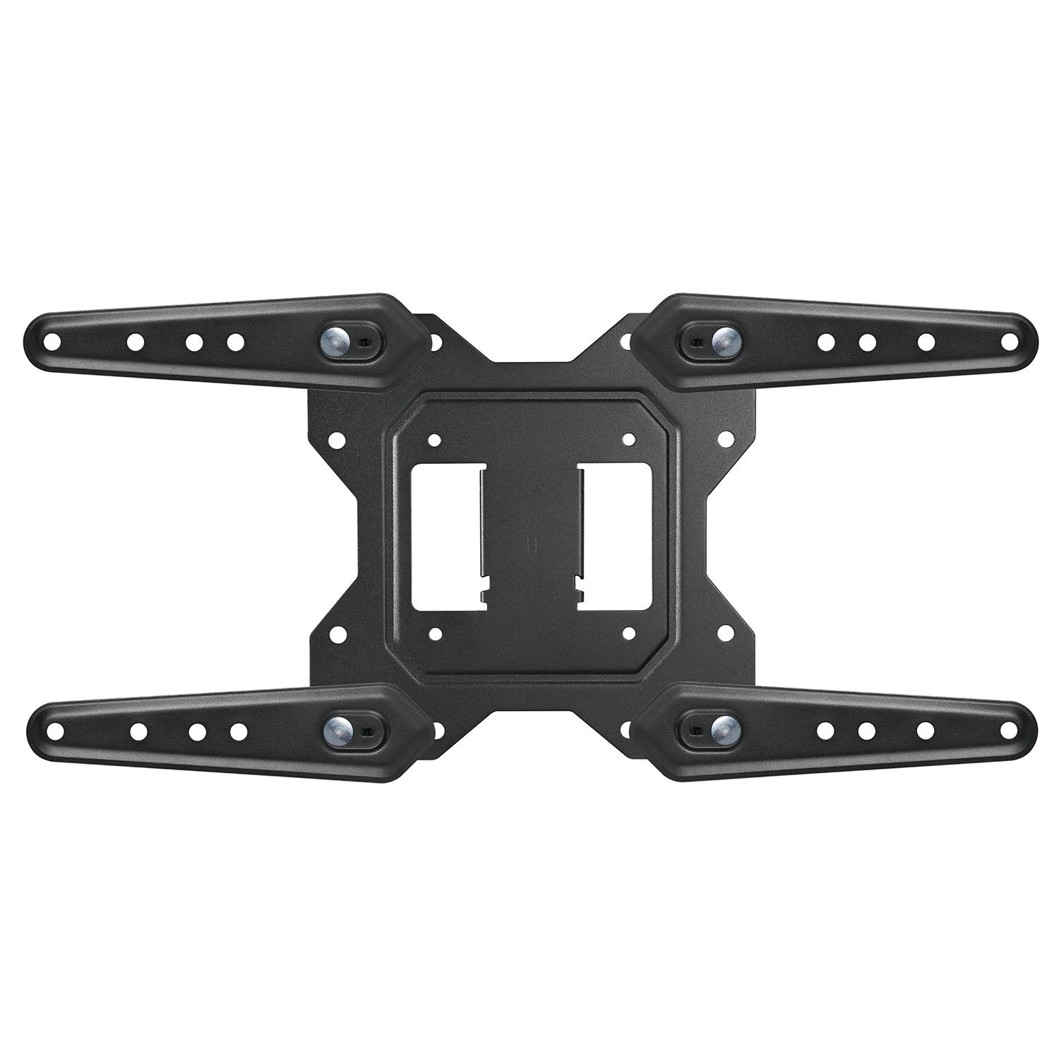 Soporte de pared negro para TV con cuatro brazos extensibles y orificios redondos.