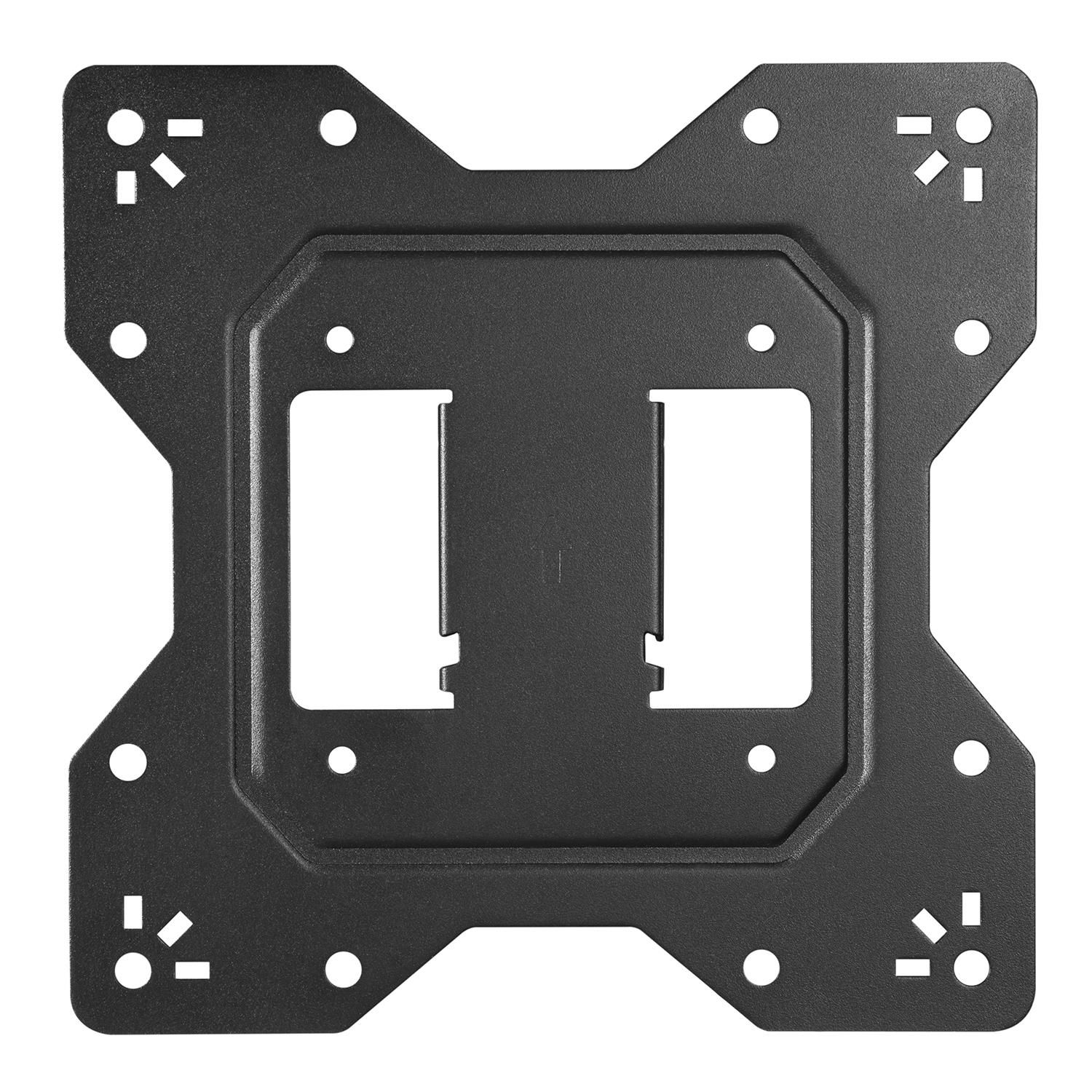 Soporte metálico negro con recortes rectangulares y orificios de montaje.