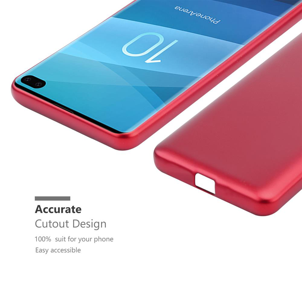 Custodia rossa per telefono con ritagli, accanto a uno smartphone con bordo rosso.