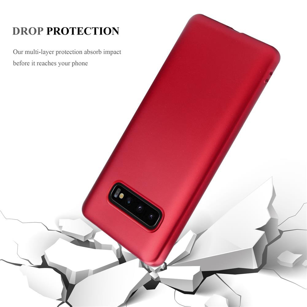 Cover rossa per telefono cade su terreno crepato. Protezione.