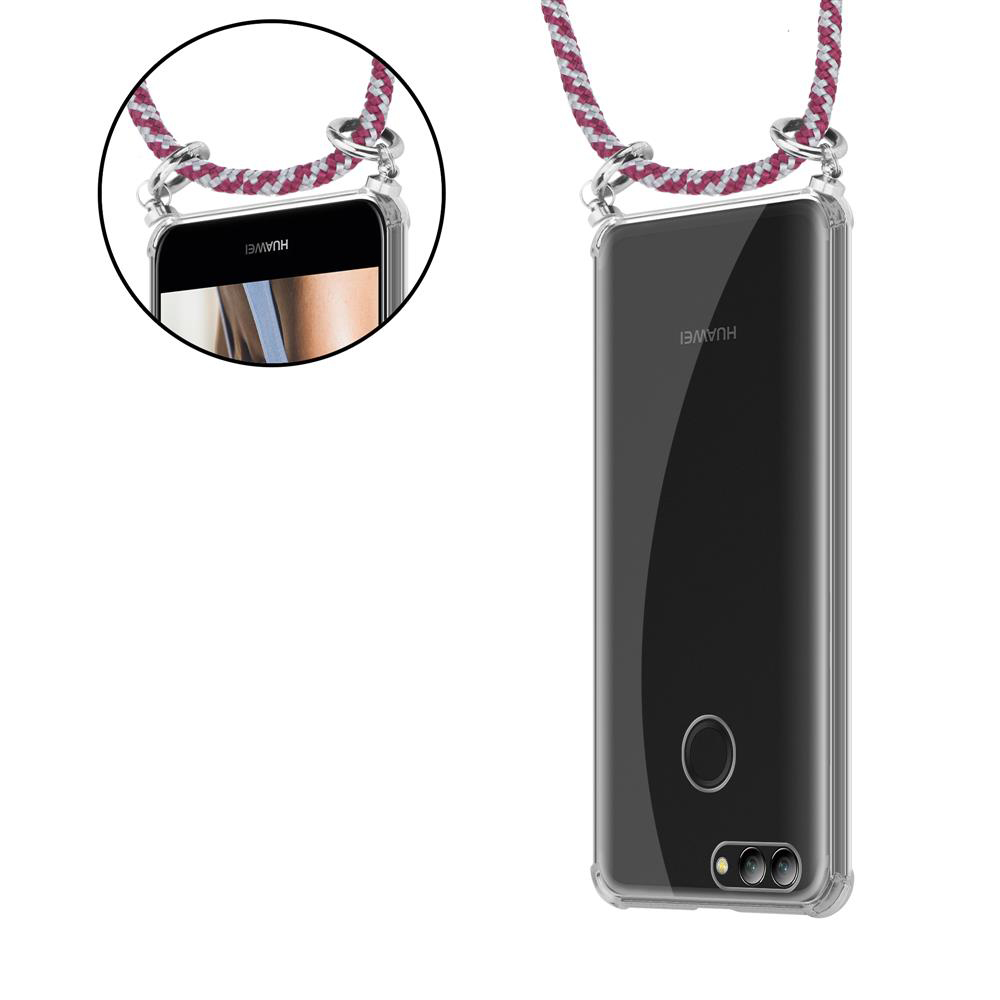 Ein transparentes Handyhülle mit Band, mit einem Huawei-Logo.