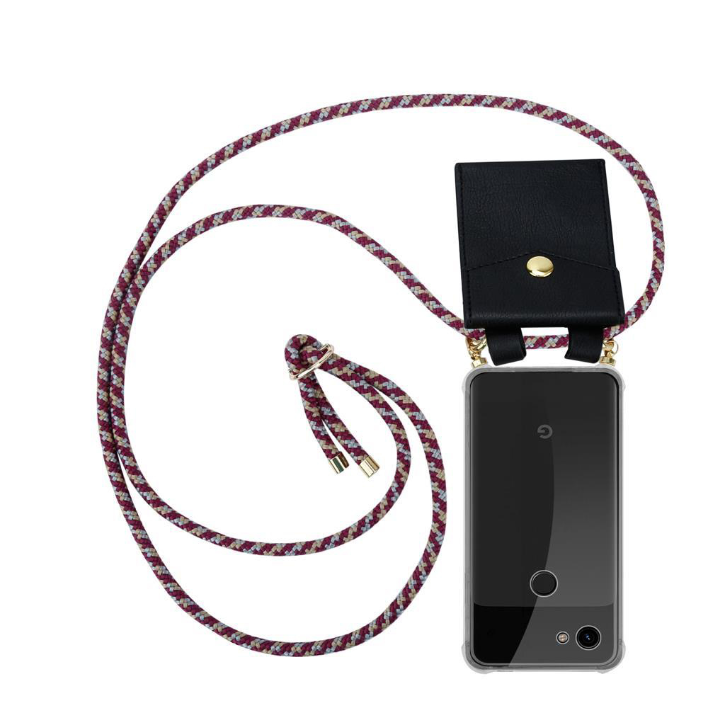 Ein schwarzes Handy mit einer Schnur und einem kleinen Lederfach.