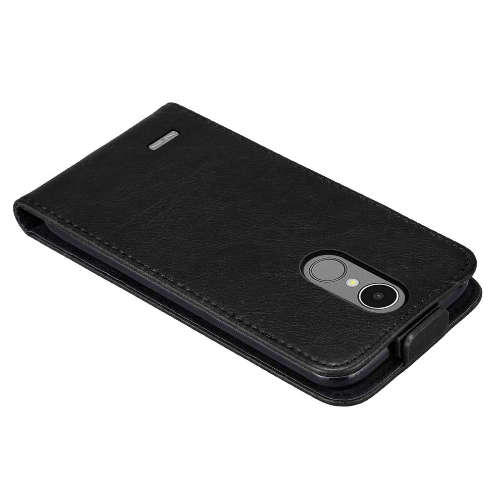 Custodia a libro in pelle nera per smartphone, con ritagli per fotocamera.