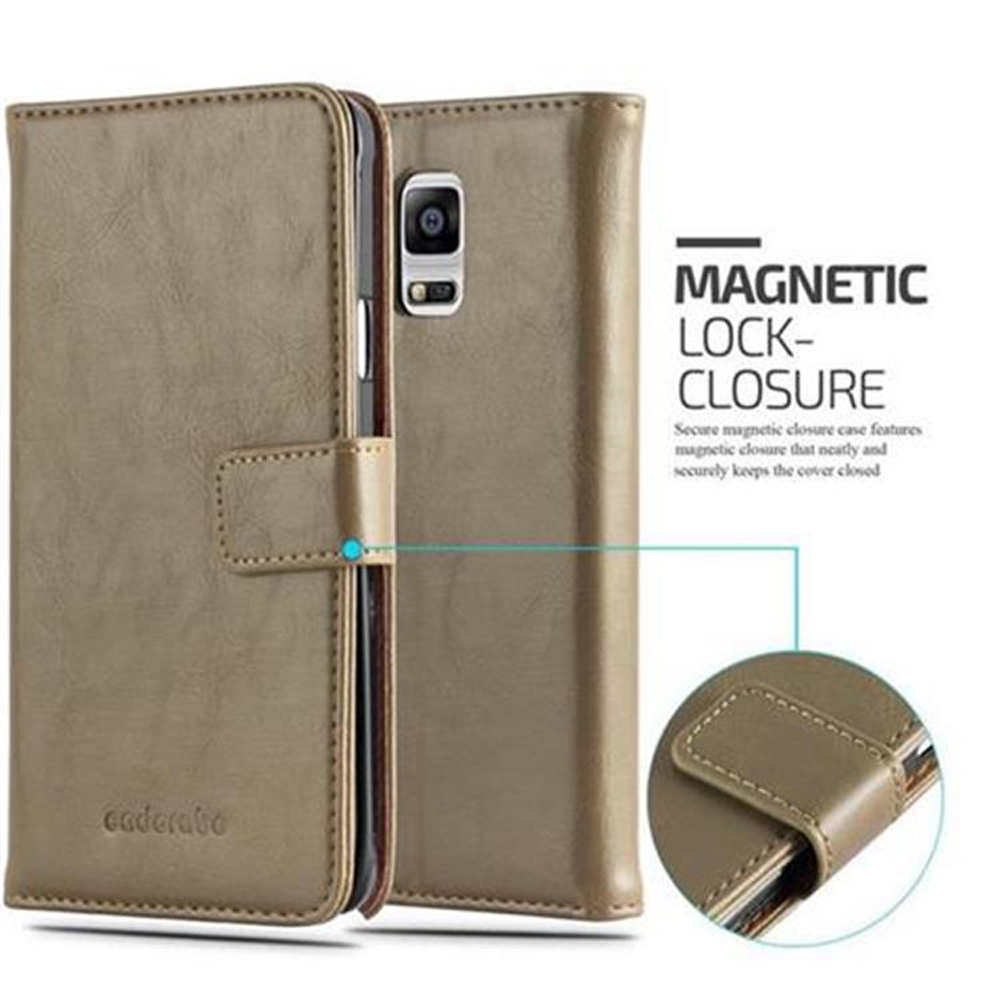 Custodia per telefono in pelle marrone con chiusura magnetica, viste frontale e posteriore.