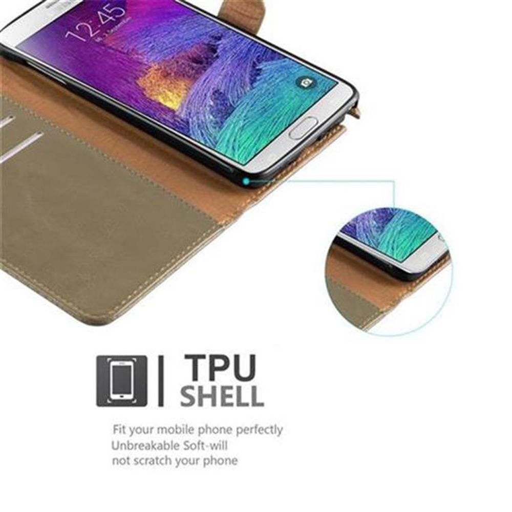 Uno smartphone con sfondo colorato in una custodia marrone.