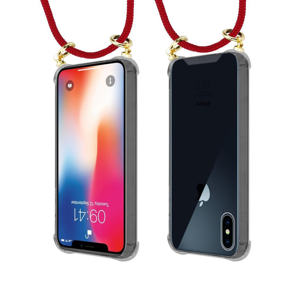 iPhone in custodia trasparente con laccetto rosso, viste frontale e retro.