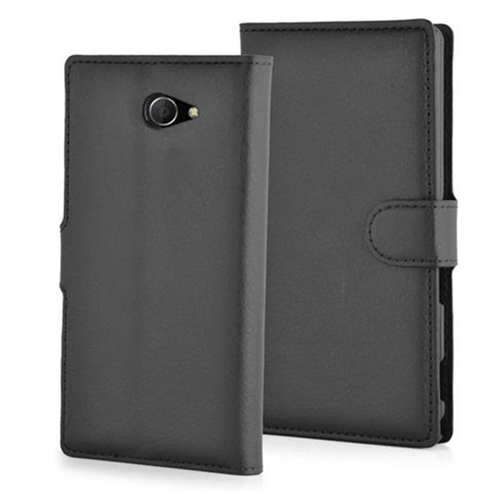Custodia per telefono in pelle nera stile libro aperto con ritaglio.
