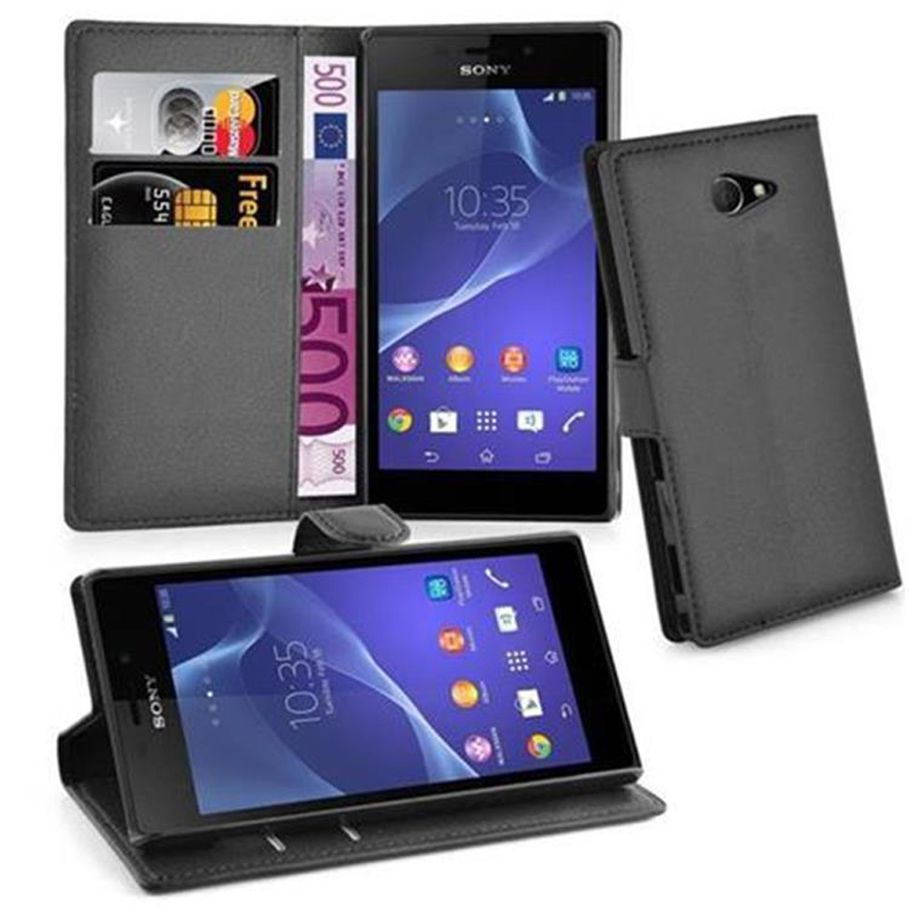 Uno smartphone Sony nero in una custodia a portafoglio con carte di credito e banconote in euro.