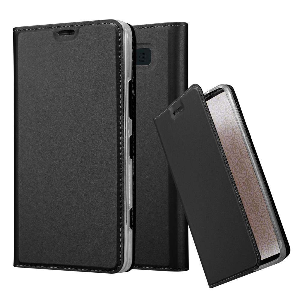 Funda de teléfono negra mostrada abierta sobre fondo blanco.