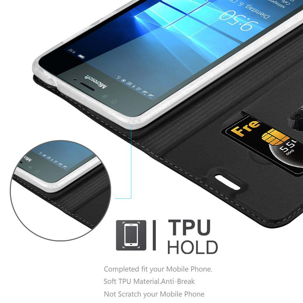 Una funda de teléfono negra con un smartphone y una tarjeta.