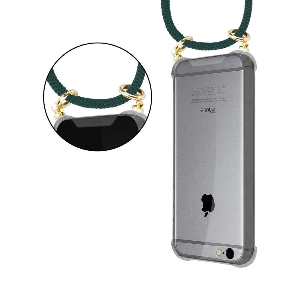 Una custodia trasparente per telefono con cordino verde e ferramenta dorata.