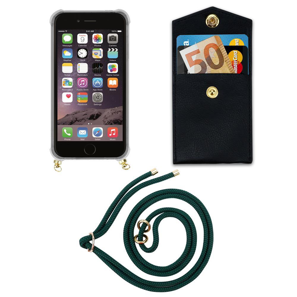 Uno smartphone, un portafoglio nero con carte e contanti, e un cordino.