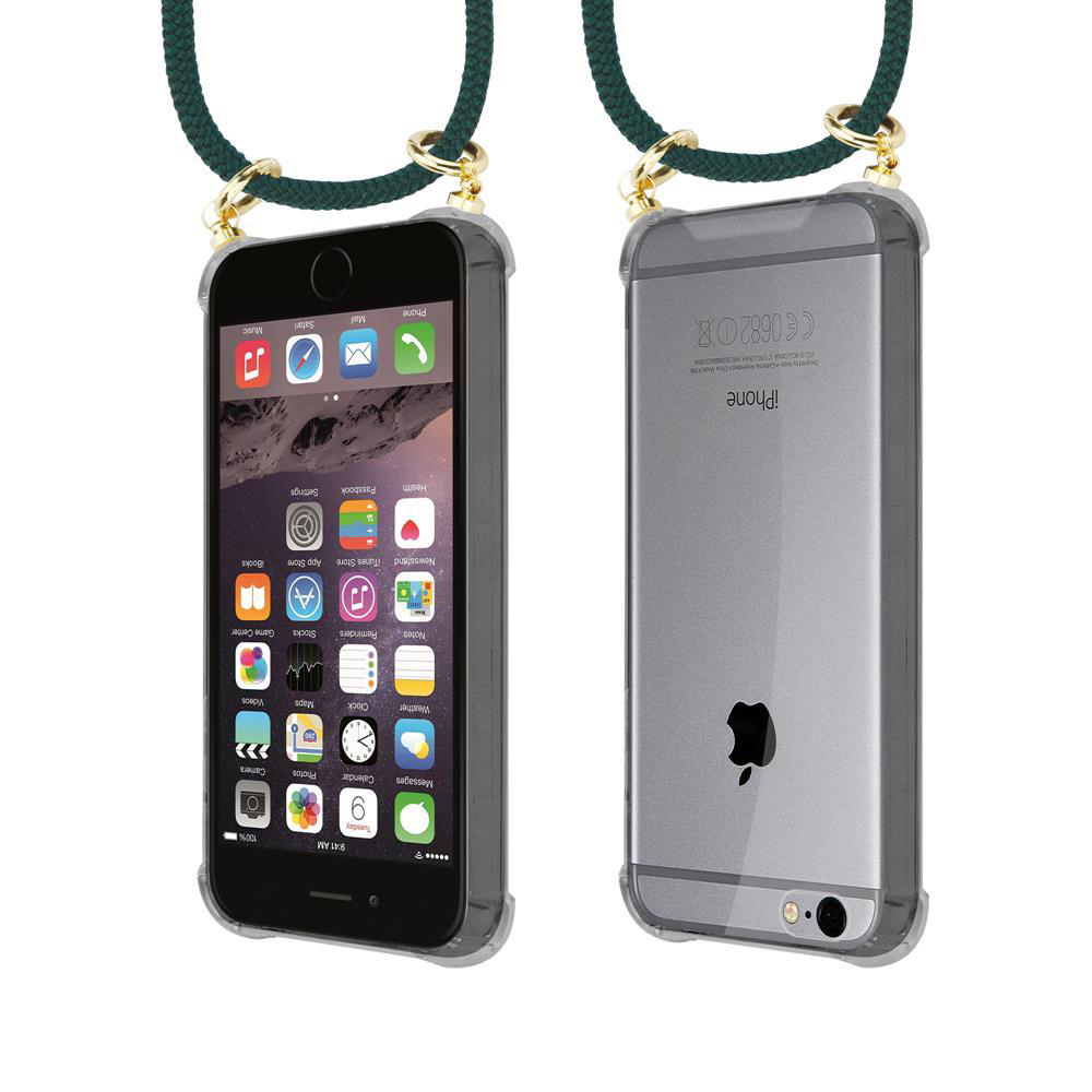 Un iPhone 6 in custodia trasparente con laccetto, fronte e retro.