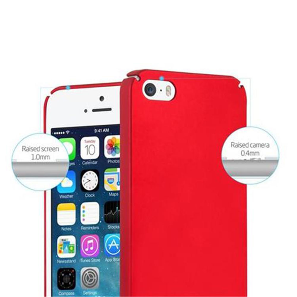 Rotes iPhone mit Hülle, das den Bildschirm und die Kamera schützt.