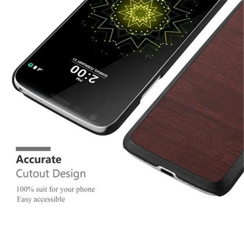 Uno smartphone con custodia effetto legno e schermo che mostra le 14:00.