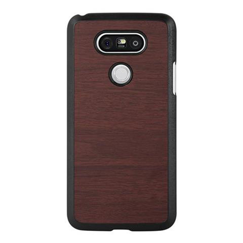 Una cover per telefono rosso scuro con venature di legno e bordo nero.