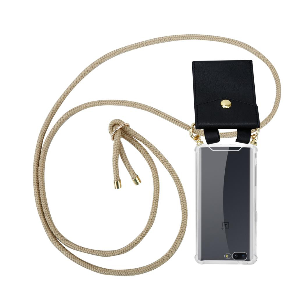 Transparente Handyhülle mit schwarzer Tasche und beige Kordel.