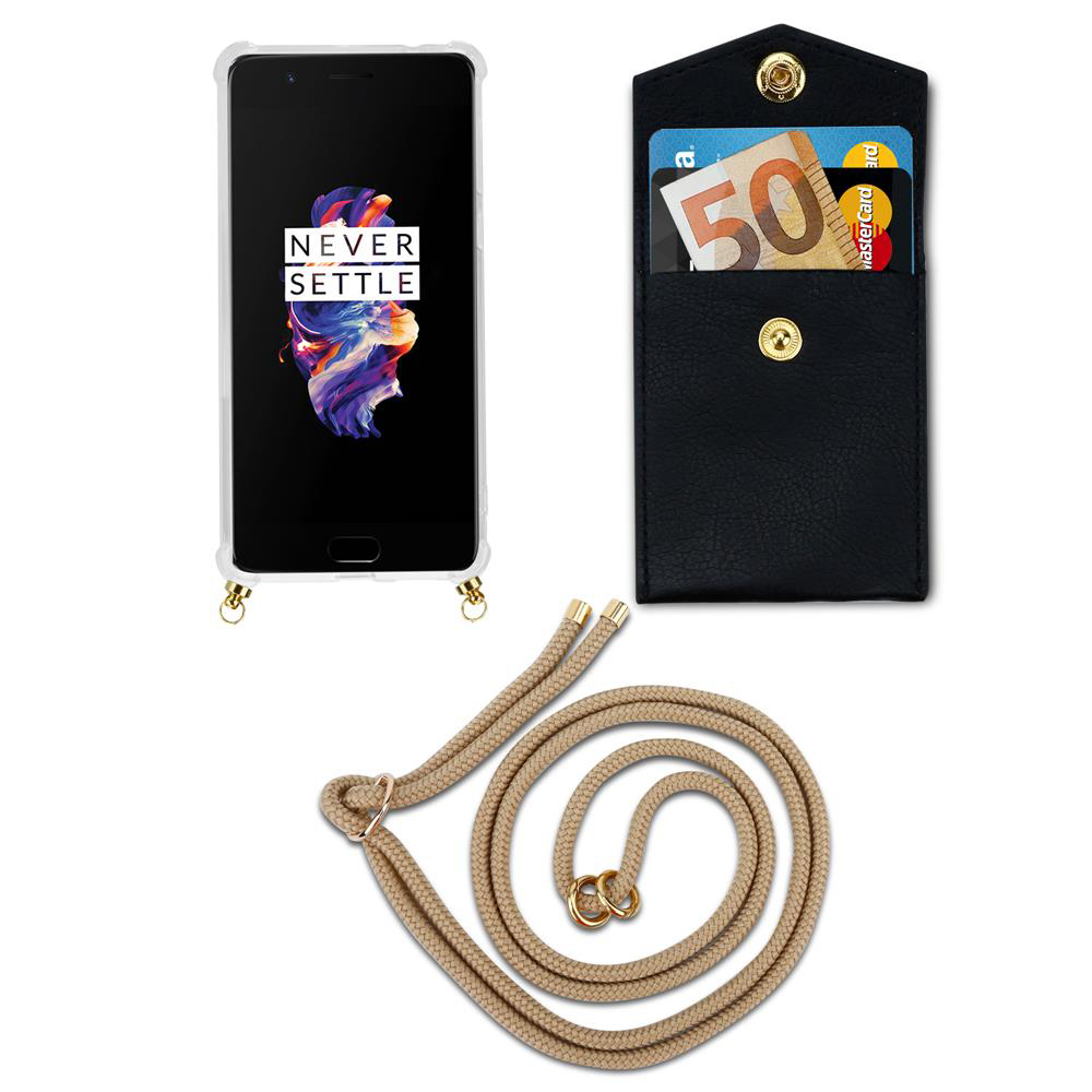 Ein Handy mit Hülle, eine schwarze Geldbörse mit Karten und Geld, und eine beige Kordel.