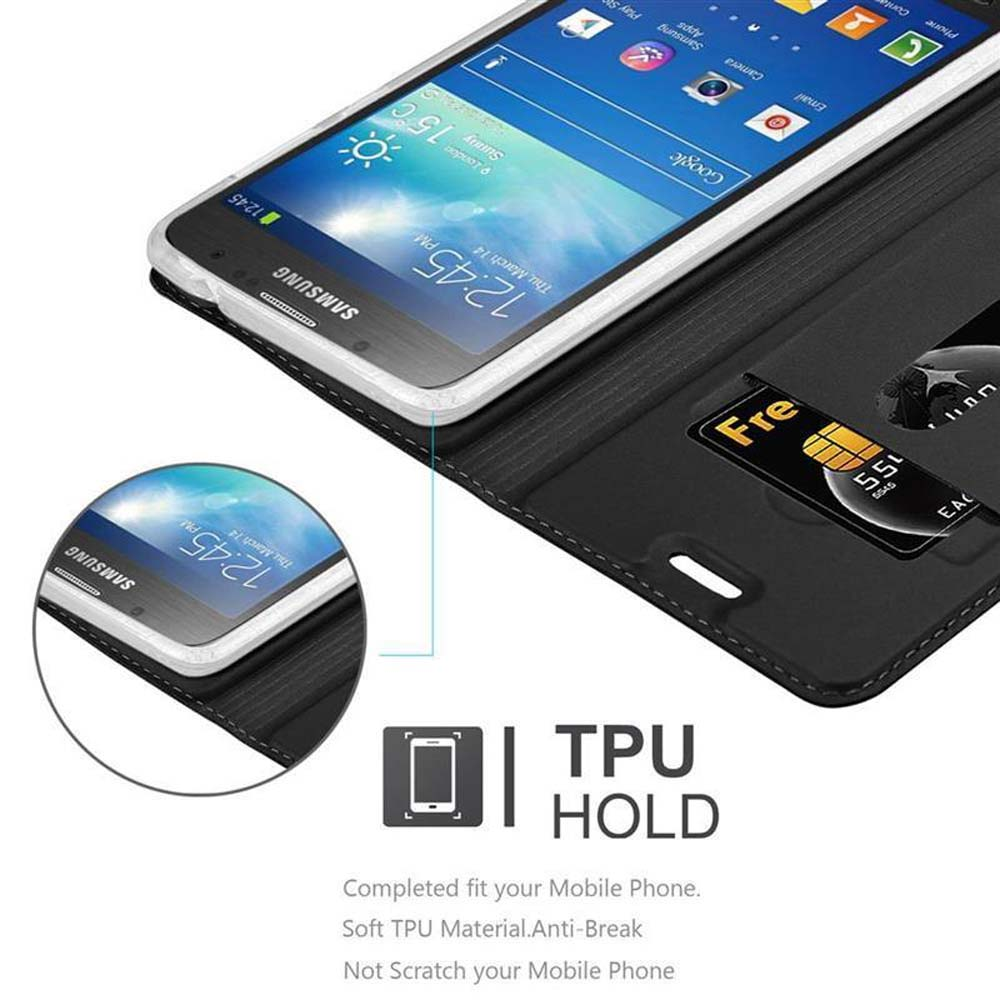 Custodia nera per telefono che tiene un telefono Samsung con una carta.