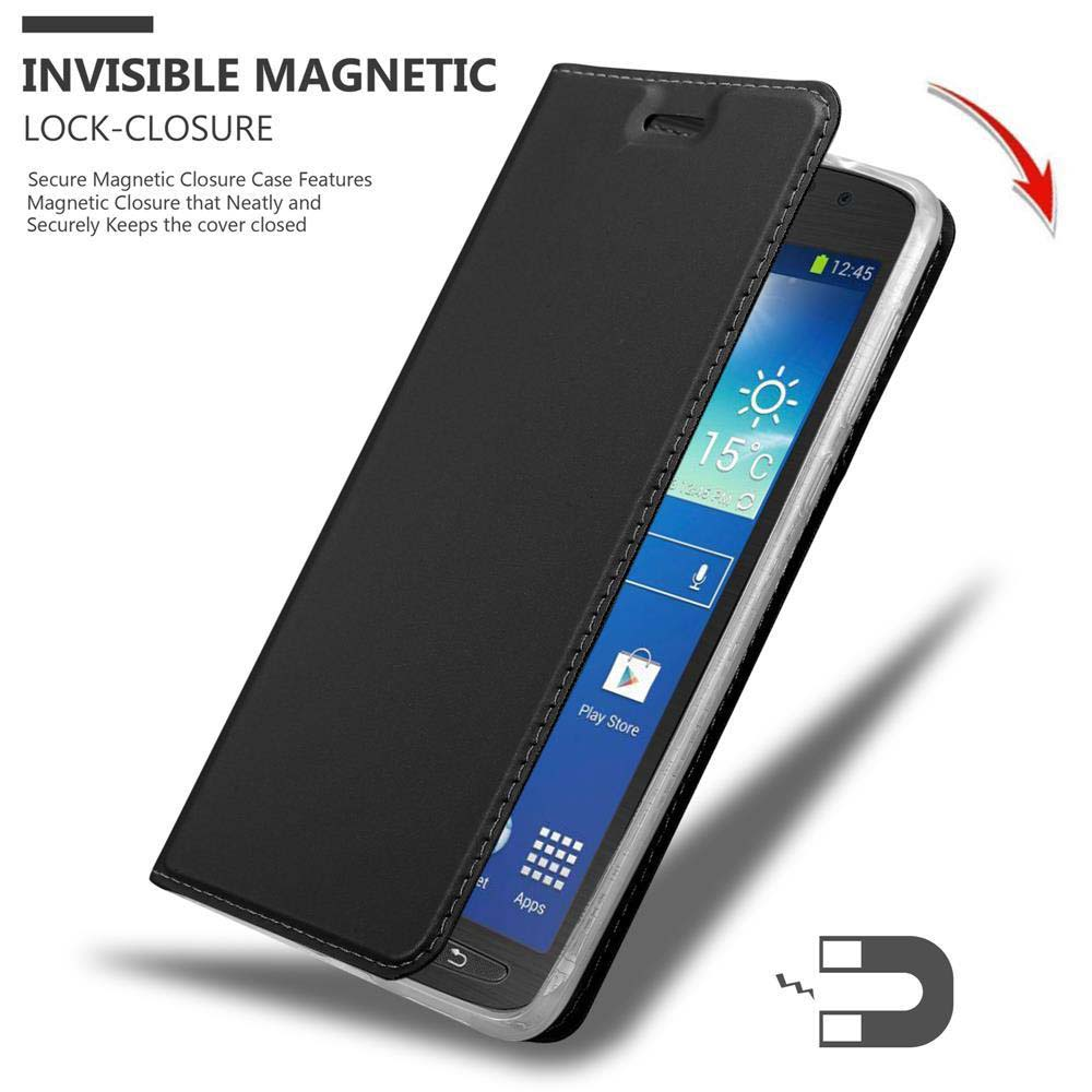 Custodia nera per telefono con chiusura magnetica, mostra 15°C e Play Store.