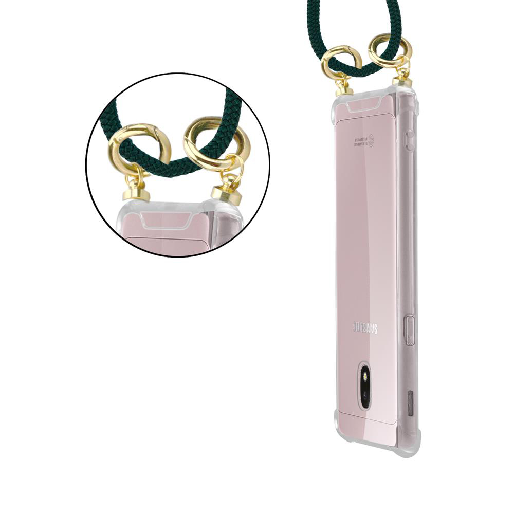 Uno smartphone rosa in custodia trasparente con cordino verde.