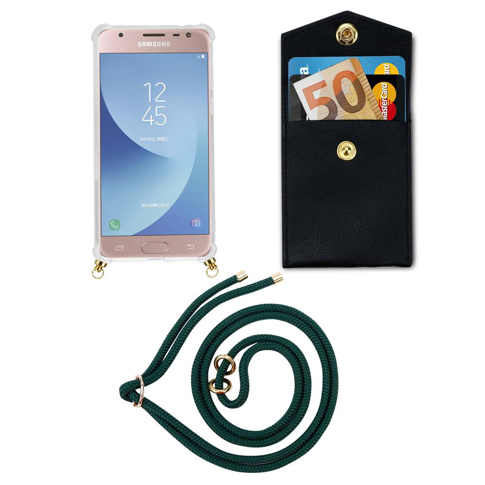 Telefono Samsung in custodia, portafoglio con soldi e carte, e cordino verde.