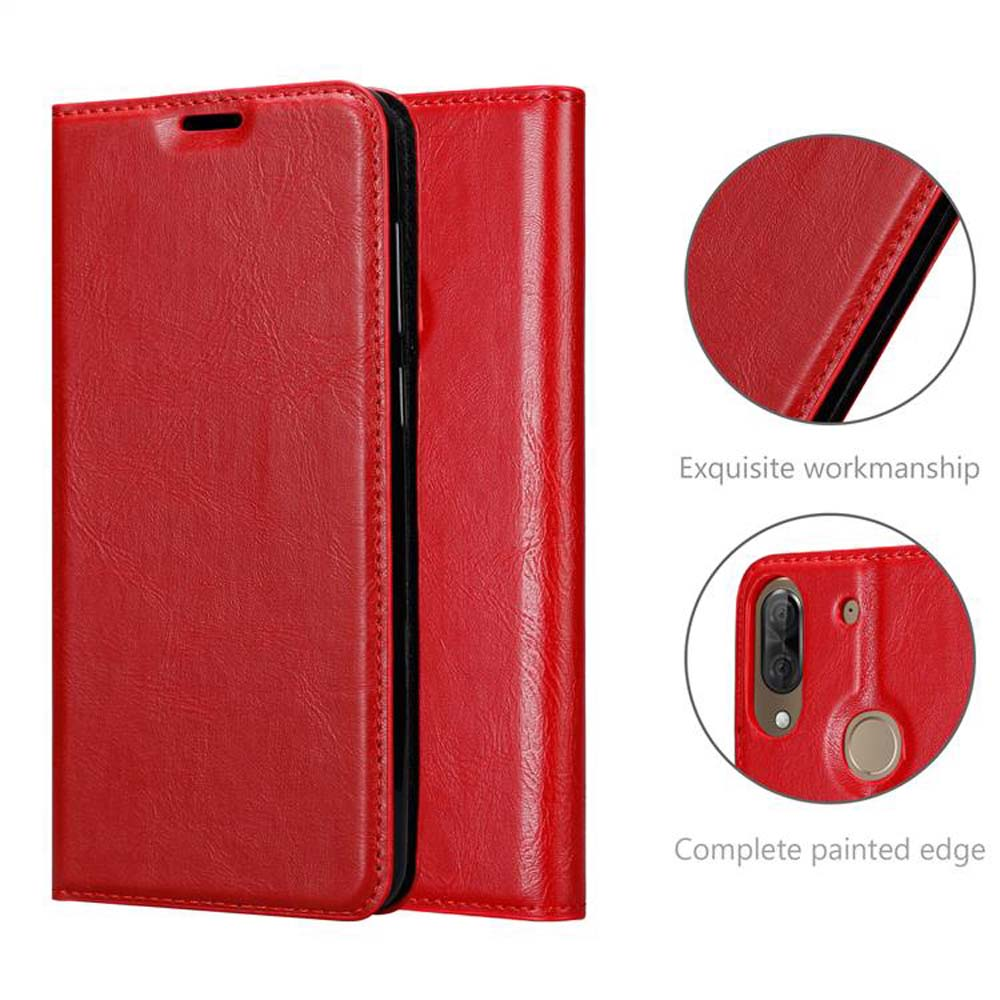Rotes Lederhandyhülle mit Detailaufnahmen von Nähten und Kamerausschnitt.